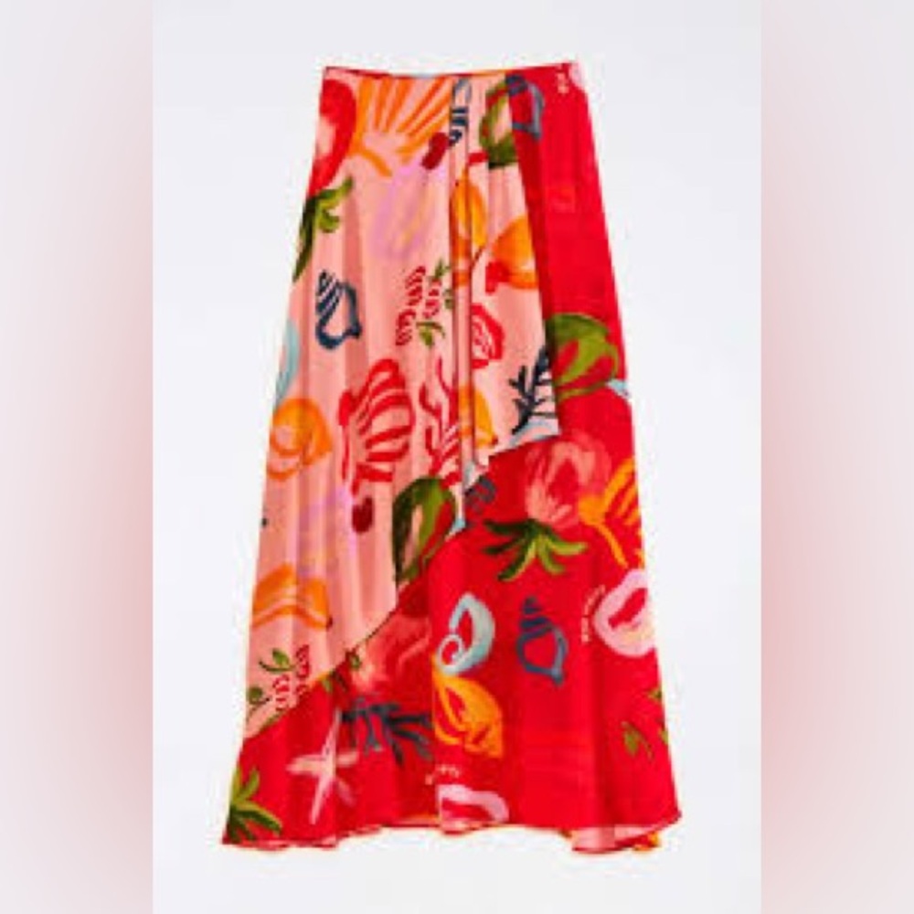 FARM Rio Red & Pink Floral Midi Skirt